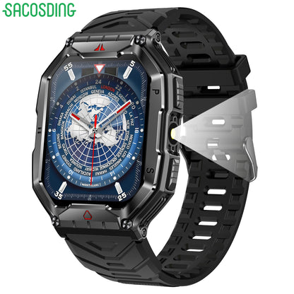 SACOSDING Military Smart Watch for Men 2.1" Outdoor Tactical Rugged Amoled Smartwatch with LED Flashlight Bluetooth Call(Answer/Dial Calls) Sports Fitness Tracker for iOS Android Phone